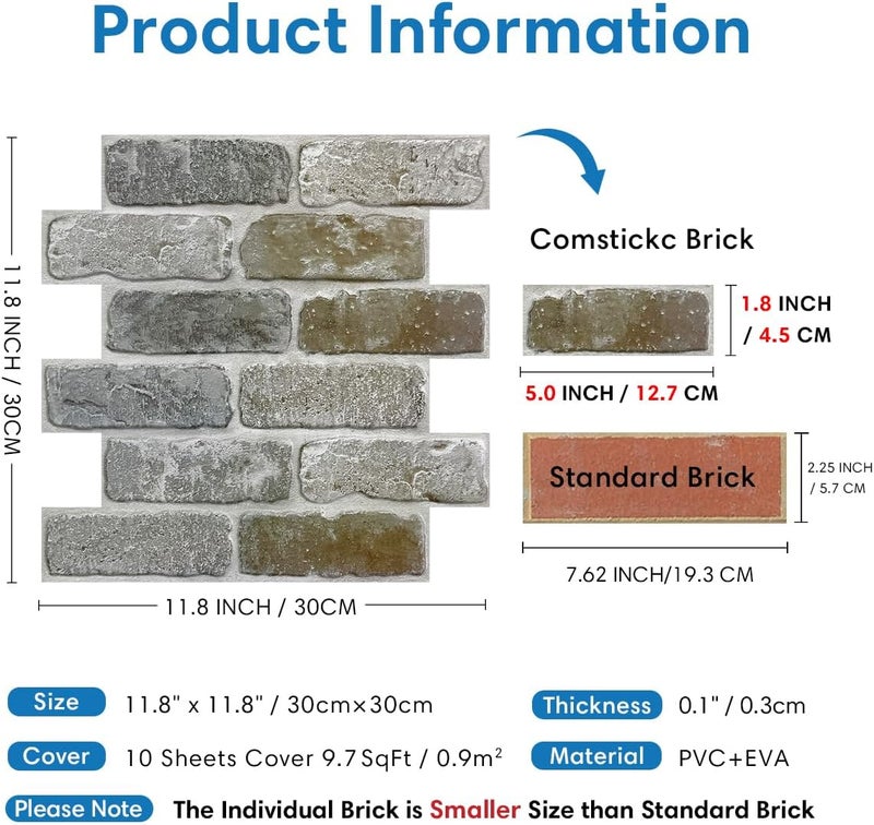 COMSTICKC 10 Pcs 3D Faux Brick Wall Panel, Peel and Stick Brick Wall Tiles, 12"X12" Small Size Thin PVC Gray Brick Self Adhesive Brick Backsplash Faux Brick Panels, Paintable Decorative Tiles - Image 4